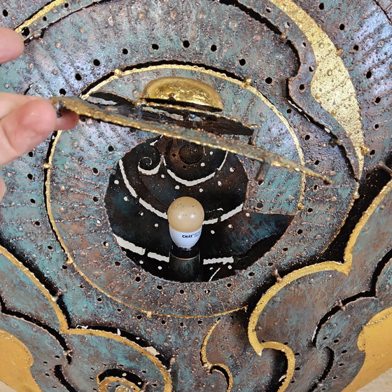 Image 1 of Unique large metal Thai art sculpture floor lamp with gold leaf accents / Chiang Mai / Chiang Rai Region