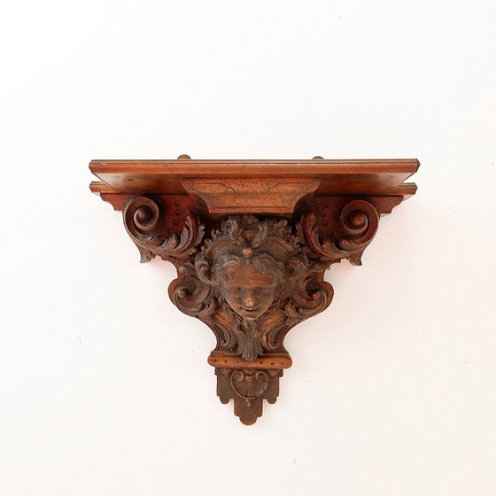 Image 1 of Estantería de pared antigua de madera tallada a mano - siglo XIX