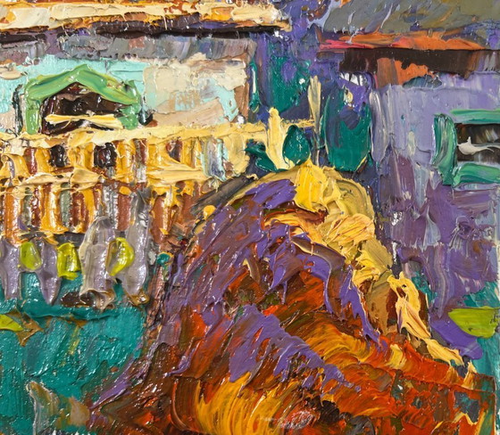 Image 1 of Original Oil Painting Colorful Village Landscape Early spring has arrived