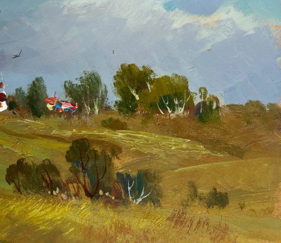 Image 1 of Dipinto ad olio originale: Paesaggio estivo con campo coperto da nuvole grigie
