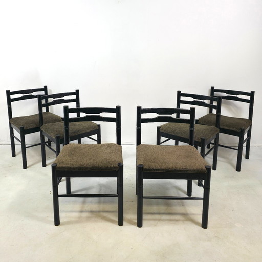 6 sedie da pranzo de Coene in legno nero, vintage, Belgio anni '70