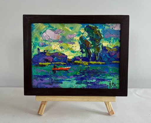 Original Oil Painting Evening River Landscape River and yellow sunset