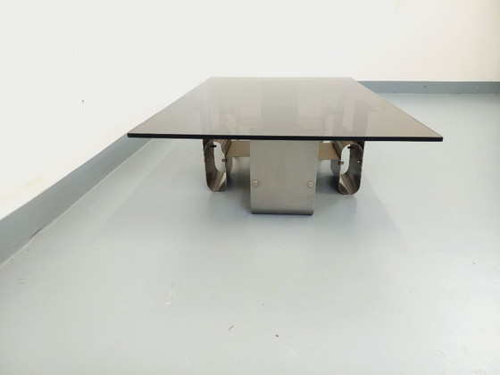 Image 1 of Large rectangular coffee table by François Monnet, vintage Space Age style, in steel and smoked glass from the 1970s
