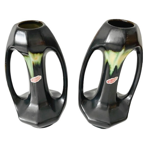 Image 1 of Antique Thulin Art Nouveau vases, matte black and green ceramic, 1910s