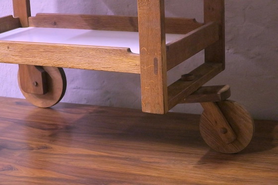 Brutalist Scandinavian Bar Cart / Serving Trolley in Solid Oak, 1950s-60s – Wood (photo 8 of 14)
