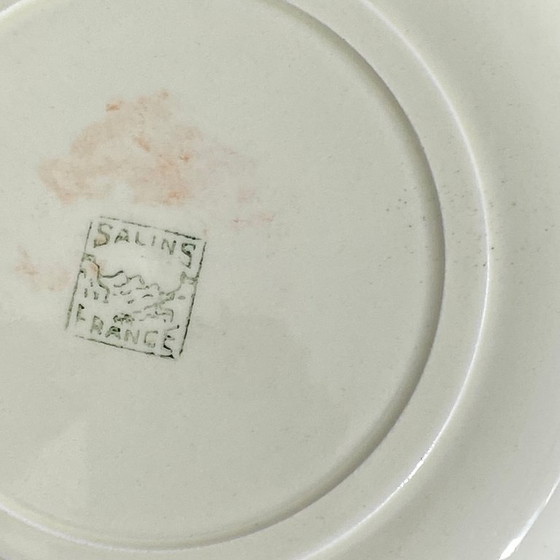 Image 1 of 6 antique Salins earthenware dessert plates, pale yellow with flowers