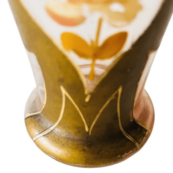 Image 1 of Jarrón antiguo de vidrio dorado Art Nouveau victoriano pintado a mano, década de 1900