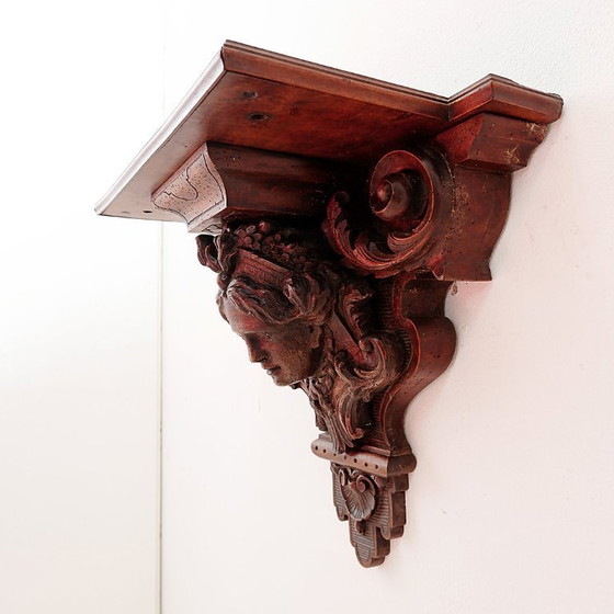 Image 1 of Estantería de pared antigua de madera tallada a mano - siglo XIX