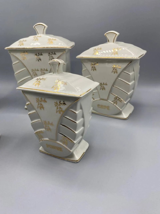 5 Art Deco Faience Spice Jars, Flour Sugar Coffee Tea Pepper, Gilded Decoration – Crockery (photo 3 of 6)