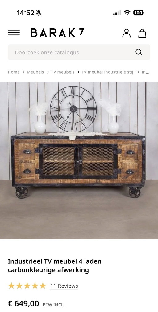 Mueble TV industrial (BARAK 7) – 4 cajones – con ruedas – acabado carbono