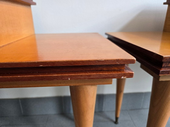 Image 1 of PAIR OF ASYMMETRICAL VINTAGE BEDSIDE TABLES FROM THE 1960s IN VARNISHED BEECH & BRASS