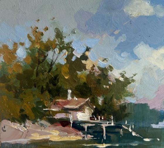 Image 1 of Original Oil Painting Summer River Landscape At the summer yacht club