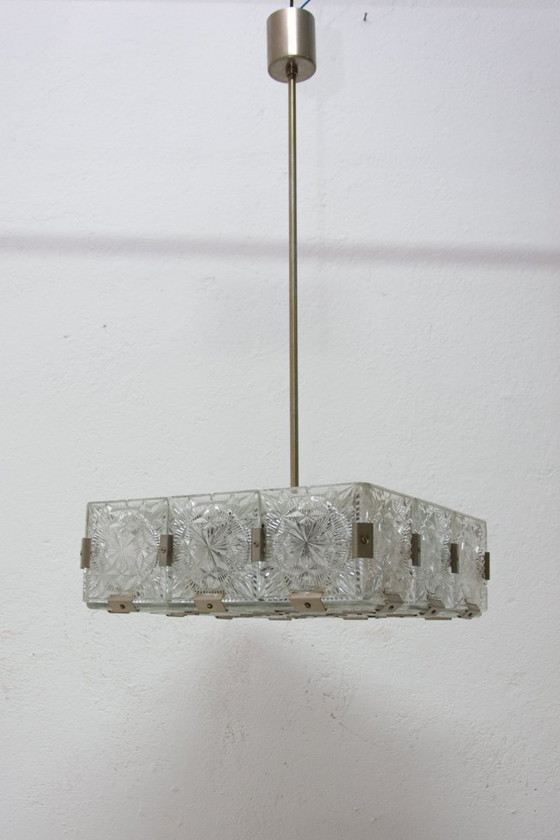 Image 1 of Mid Century Pendant Lamp Glass & Chromed Steel Kamenický Šenov 1970s Czechoslovakia