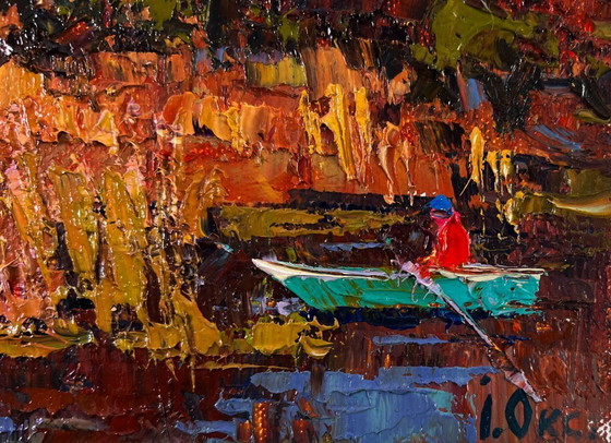 Image 1 of Original Oil Painting Autumn River Landscape: A Walk in the Evening Silence