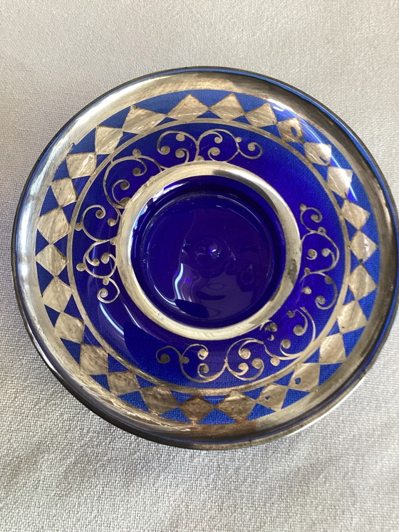 Image 1 of Zeldzaam Italiaans kobaltblauw glazen koffie- en likeurservies met zilverdecor – 21-delig – ca. 1950-1970