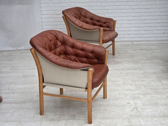 1970s, Swedish design by Gunnar Kentemo, armchair model G7 Pedro, leather., Wood, Brown, Mid Century Modern (photo 3 of 15)