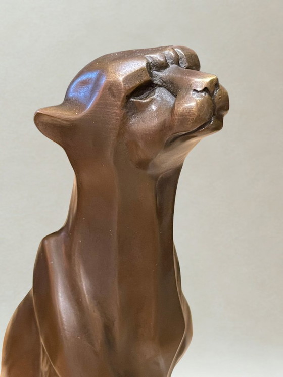 Image 1 of Art Deco bronze panther – Signed De Coux – 30cm - 4kg – Marble base