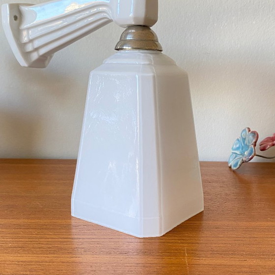Image 1 of Art Deco ceramic wall sconce with swan neck and opaline glass