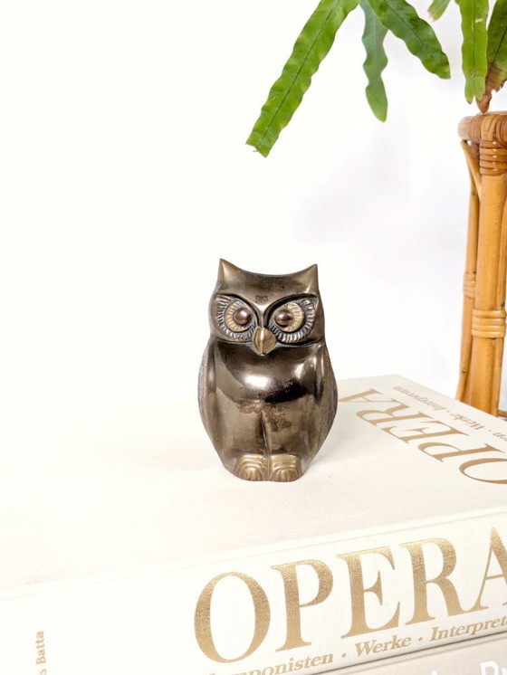 Image 1 of Statuetta vintage di gufo in metallo misto, ottone, bronzo, rame, artigianato indiano, anni '70