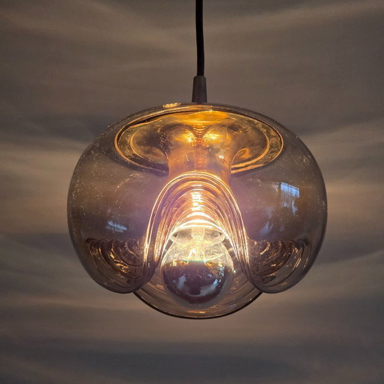 Image 1 of Vintage Space Age pendant lamp – Peill & Putzler “Wave” / “Futura” – 1970s Germany – Smoked glass and metal – Ø 22 cm. Gold.