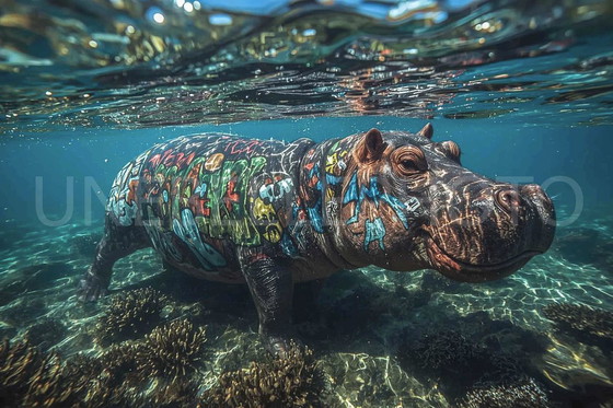 Image 1 of Photo imprimée sur plexiglas / Hippopotame sous l'eau / Edition limitée