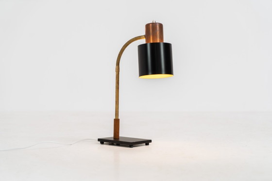 Image 1 of “Beta” table lamp in copper and brass by Jo Hammerborg for Fog & Mørup (Denmark, 1960s).