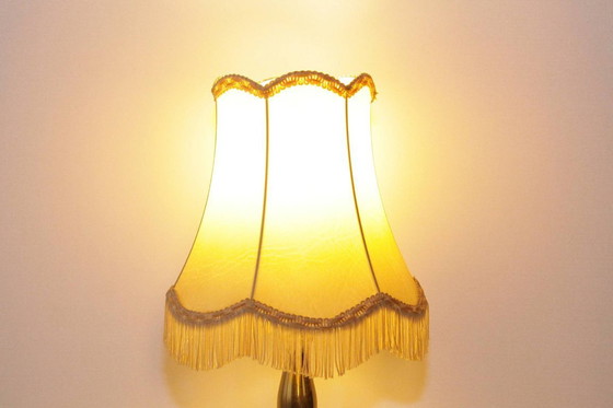 Image 1 of Tafellamp messing kunstleer stof randen franjes 43cm 80s vintage