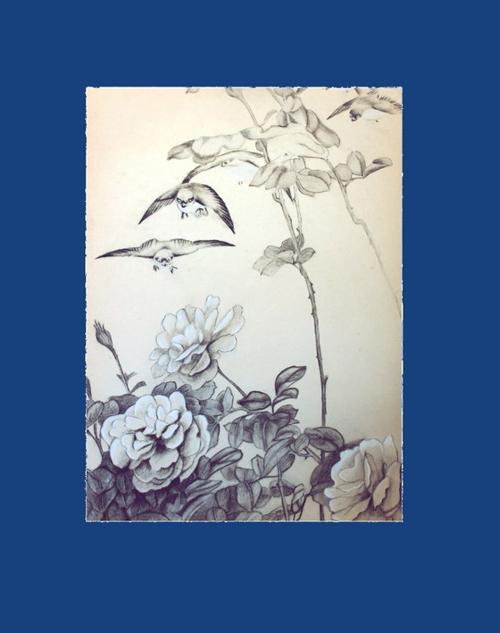 Image 1 of Vintage Japanese-inspired drawing. Vintage drawing. Drawing of flowers and birds. Japanese drawing. Antique drawing.