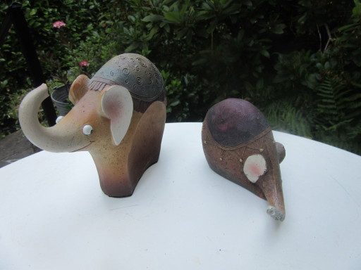 2 Elephant Statues Figurines Ceramic Stoneware Mid Century Modern