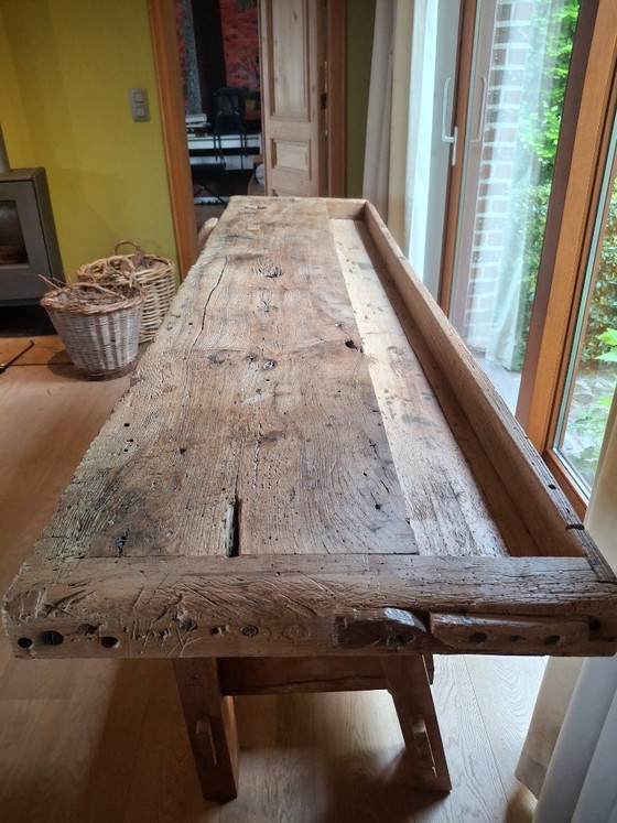 Mooie Gerestaureerde Antieke Werkbank – Consoles, Metal, Wood (photo 6 of 10)