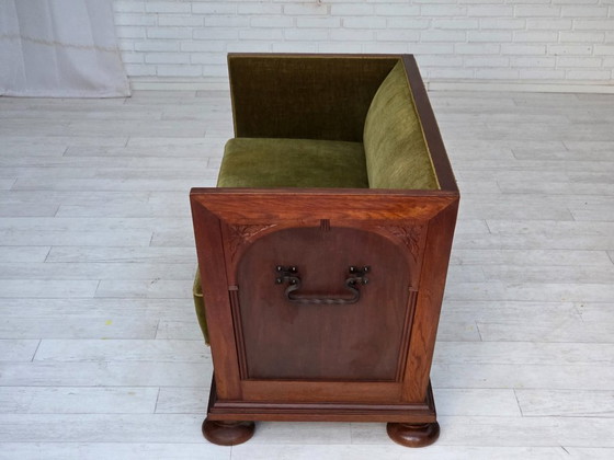 Image 1 of 1950s, Danish 2-seater sofa, original green furniture velour, oak wood.