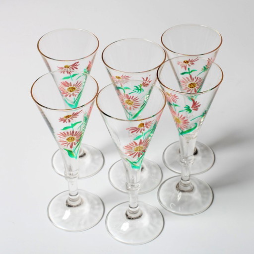 Juego de 6 copas de jerez de diseño floral, raras, de mediados de siglo / Italia / década de 1960