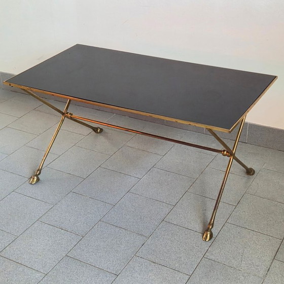 Image 1 of Vintage 1970s Maison Jansen coffee table in bronze and glass with goat's feet, 70s chic
