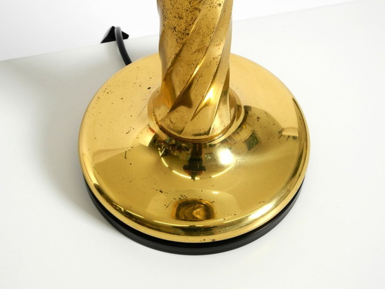 Image 1 of Large 1960s brass column-style table lamp with frosted glass globe