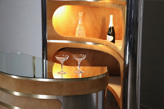 Image 1 of Suede and Chrome Dry Bar with Barstools in Cognac by Willy Rizzo, Italy 1970s