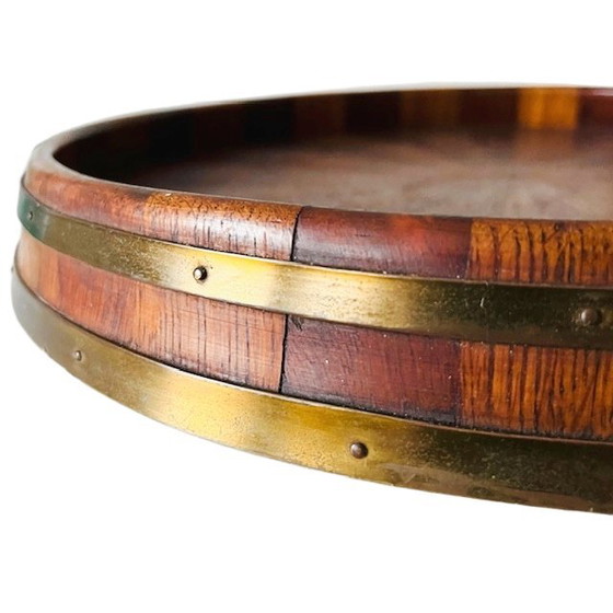 Image 1 of Antiek Edwardiaans houten dienblad zonnestralen motief messing band 1900's