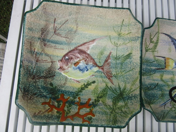 Image 1 of M.G.A. G. Mazzotti Albisola Italia 6 Piatti da Pesce, 1 Vassoio Grande da Portata e 1 Ciotola con Coperchio