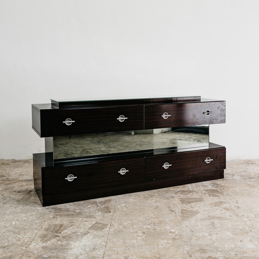 Commode en placage de bois et verre, design cubique moderne des années 1980