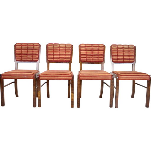 Set of 4 vintage Art Deco dining chairs in walnut, veneer and fabric, Czechoslovakia 1930s