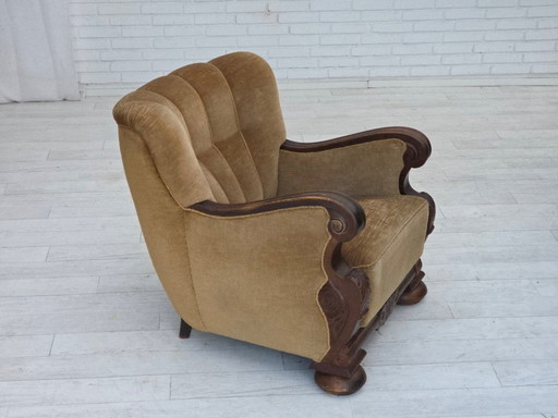 1960s, Danish armchair, original green furniture velour, carved oak wood.