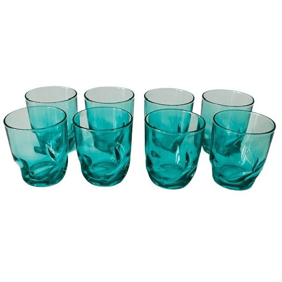 Image 1 of Vintage set of 8 twisted glasses turquoise blue Luminarc Arcoroc 1970s
