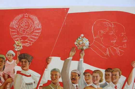 Image 1 of Original 1946 Soviet propaganda poster, canvas, very good condition, 94x58 cm