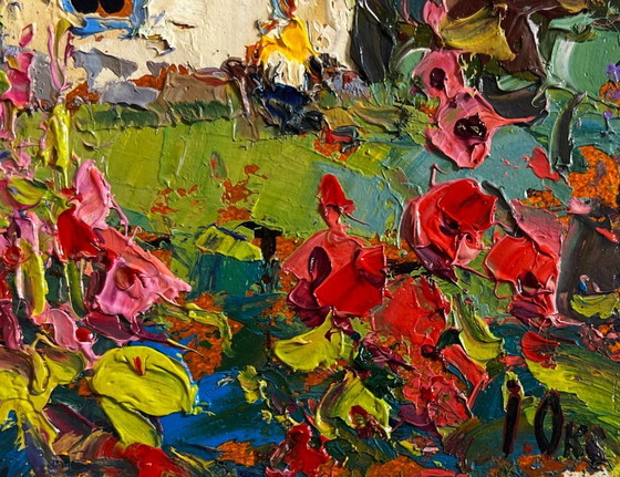 Image 1 of Original Oil Painting Summer Flowers Landscape Mallows are blooming in the garden