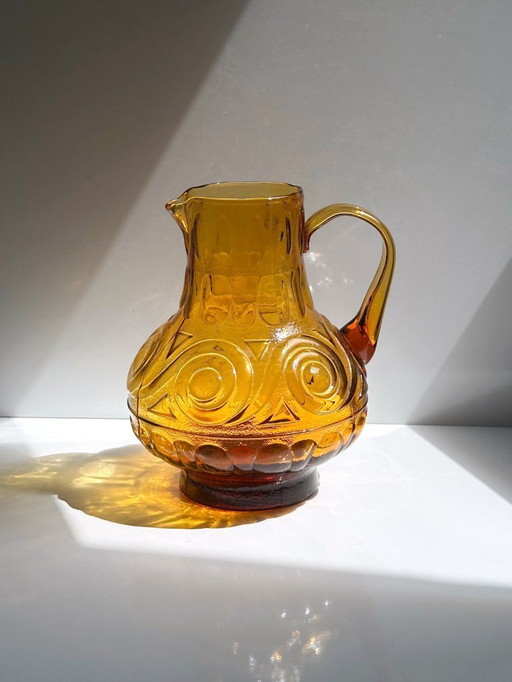 Italian glass carafe yellow 1970s MCM Empoli jug juice carafe water carafe 1970 70s 70s Brutalist 1960 60s