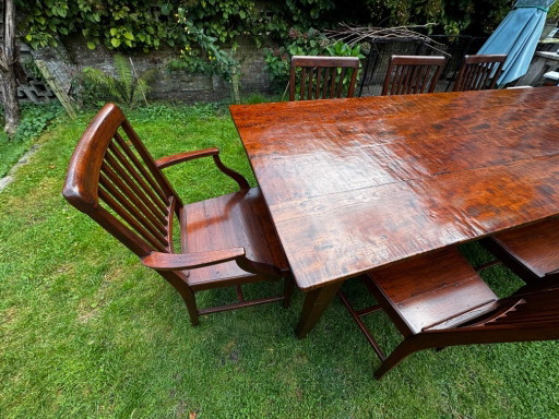 Grande table de salle à manger coloniale en teck massif avec 8 chaises et coussins