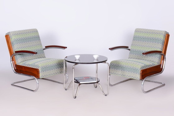 Gerestaureerde art-deco fauteuil, beuken, sparren, walnoot, chroom, Tsjechisch, jaren 1930 – Textile, Wood (photo 10 of 14)