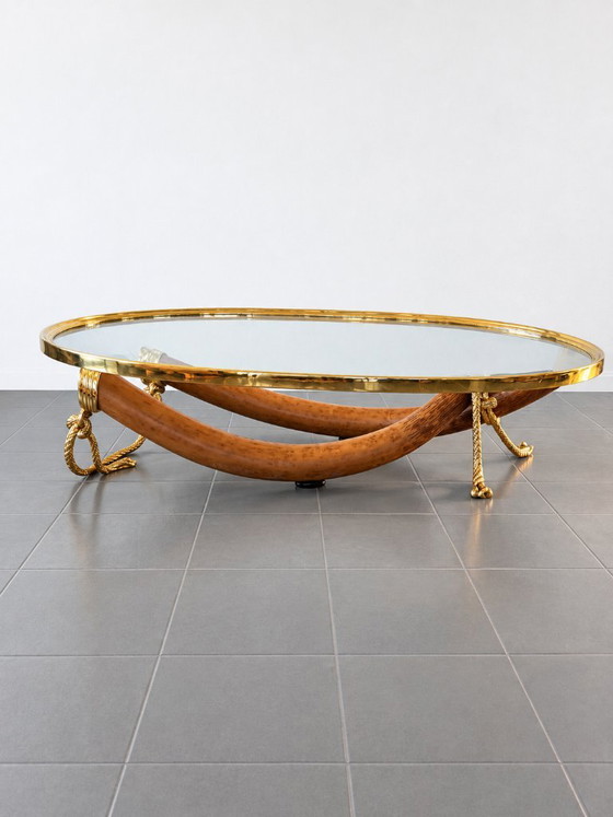 Spanish 1970s Signed Valenti Faux Elephant Tusk Table with Glass Top and Solid Bronze Detailing (photo 6 of 15)