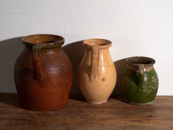 Set of 3 Antique Glazed Ceramic Jugs, Central Europe, circa 1920, Crockery, Brown (photo 7 of 14)