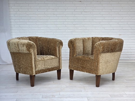 Image 1 of 1960s Danish Vintage Armchair, Green Furniture Velour, Ash Wood Legs