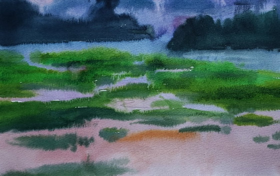 Original Watercolor Painting Nature Landscape Meadow Morning Fog – Paintings & Drawings, Paper (photo 6 of 7)